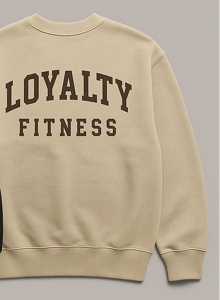 Black and beige sweatshirts with text on a gray background